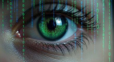 Intense human eye reflecting digital binary code, symbolizing data, surveillance, and future technology insights, capturing innovation