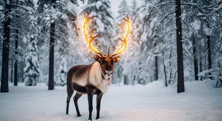 Majestic reindeer with glowing antlers stands serenely in a magical snow-covered forest, inspiring wonder and holiday spirit.