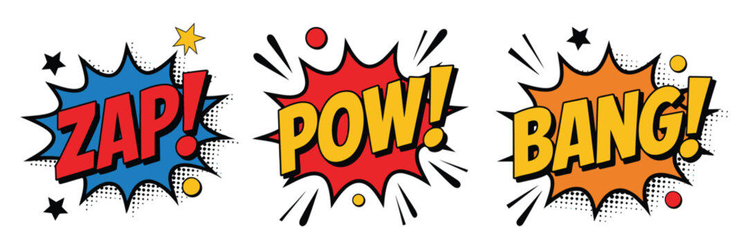 Colorful comic style zap pow bang sound effects in speech bubbles vector illustration