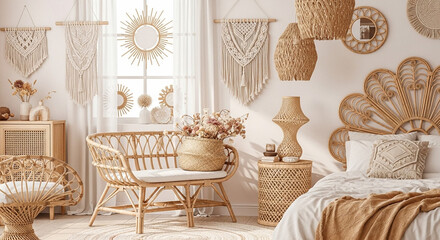 Serene bohemian bedroom sanctuary with natural rattan furniture, macrame wall hangings, and sunburst mirrors creating a tranquil, earthy vibe.