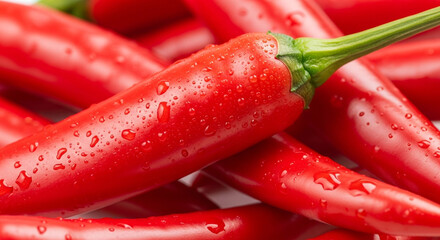Vibrant red chili peppers glistening with fresh water droplets, perfect for culinary inspiration and spicy recipes.