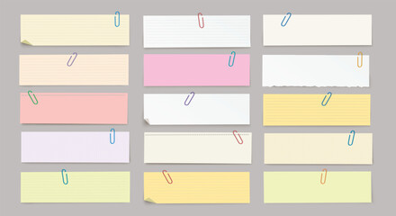 Vector set of horizontal paper stripes with paper clips and shadow on transparent background.