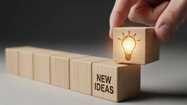 Hand places a glowing lightbulb block on 'new ideas' creating innovation and inspiration for business strategy and problem solving