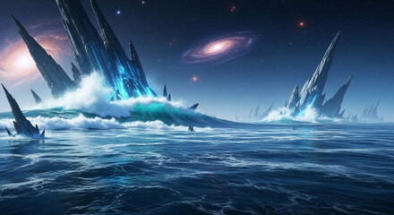 Dramatic alien ocean landscape with towering crystal formations erupting from crashing waves under a starry galaxy sky