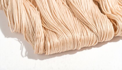 Close-up A pile of bundled beige threads, soft and textured, fills top of frame