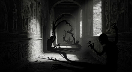 Terrifying shadow creatures with glowing eyes emerge from ancient, dimly lit halls, creating an atmosphere of dread and suspense for horror themes.