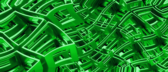 Intricate patterns of interconnected green shapes create a dynamic three-dimensional design