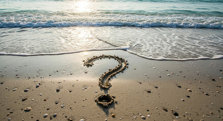 Symbolic question mark etched in sand with gentle waves approaching, capturing curiosity and contemplation on a serene beach at sunset.