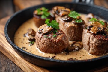 Meat and mushrooms. Dish of stir-fried beef fillet and mushrooms in a creamy thick sauce, served on an iron plate on a wooden board, close-up view. Gourmet food. Beef stroganoff large pieces. Stir Fry