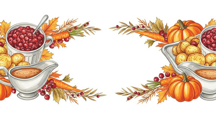 Delicious Thanksgiving feast elements including roasted potatoes, cranberry sauce, gravy, and pumpkins with autumn leaves, perfect for festive celebrations