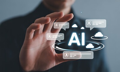 Person interacting with floating AI technology icons and digital chat bubbles, ideal for illustrating artificial intelligence innovation and cloud-based communication solutions