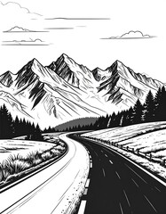 Mountain road, black and white sketch