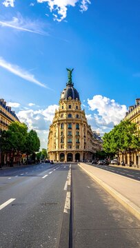 Parisian street scene with historic building.  A wide street stretches into the distance, leading to a light beige building with a cupola featuring a winged figure. 