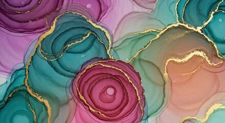 Abstract artwork with swirling, layered colors and gold accents