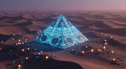 Futuristic digital pyramid emerges from desert sands, illuminated by glowing alien flora under a twilight sky