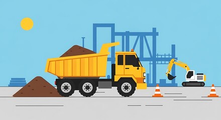 Fototapeta premium Construction site scene with a large yellow dump truck full of soil and an excavator in the background.