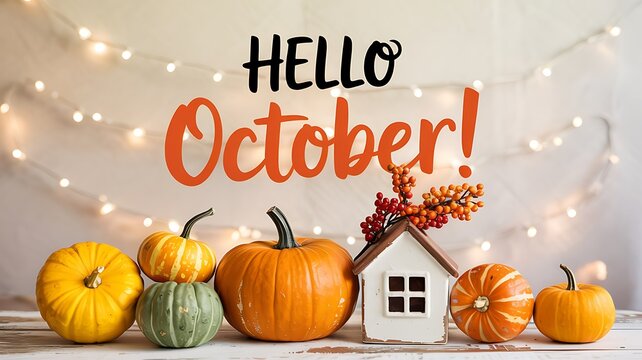 Warm autumn welcome hello october greeting with pumpkins and cozy string lights decoration