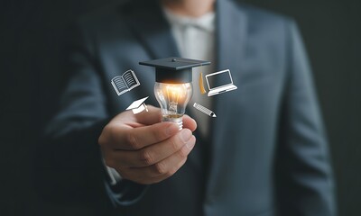 Businessman holding glowing light bulb with graduation cap and education icons, ideal for illustrating knowledge, innovation, and academic success concepts