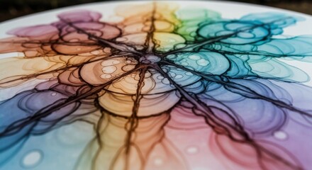 Abstract, colorful, radial design on a light-colored surface.  Intricate, flowing lines and shapes create a vibrant, textured pattern