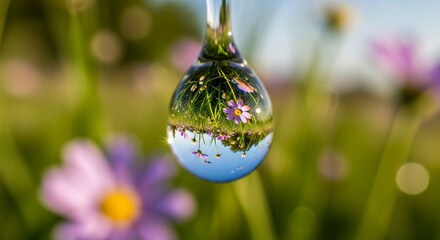 Stunning macro view captures a vibrant droplet reflecting a miniature world of purple flowers, green grass, and blue sky, evoking purity and nature's delicate beauty.