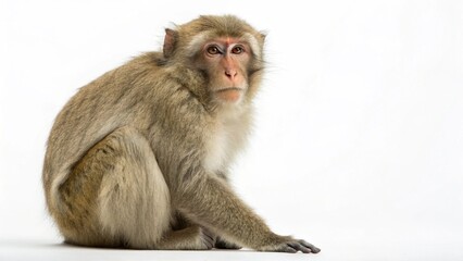 Fototapeta premium Macaque monkey with expressive face and soft fur sitting calmly on a clean white studio background, sharp focus, and professional studio lighting