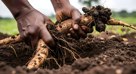 Hands Pulling Root Vegetable from the Moist Earth in an Agricultural Field During Harvest Season