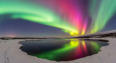 Stunning aurora borealis dances with vibrant colors over a serene snow-covered landscape and calm lake reflecting the magical sky