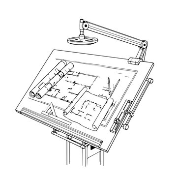 A classic adjustable drafting board with rolled-up architectural plans, precision drawing tools, and a desk lamp. Isolated black and white line art vector illustration
