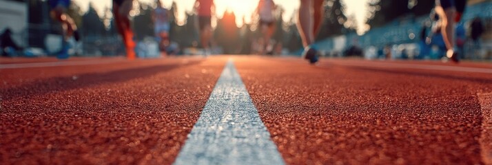 Close-Up of Runners Focused and Ready to Start a Race on a Red Tartan Track at Early Dawn
