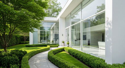 Stunning modern luxury villa with manicured gardens and expansive glass facade offering a serene, elegant lifestyle escape.