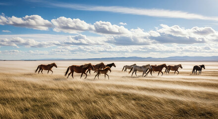 Experience the thrill of wild horses running free across the windswept plains in this stunning landscape scene, perfect for travel and adventure themes