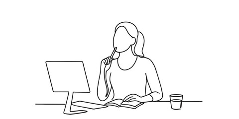 Single continuous line drawing of a young female employee sitting on her chair, thinking of a smart solution for unfinished work. Minimalist one line vector illustration representing problem solving