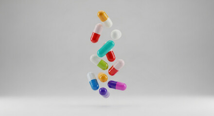 Colorful capsules and pills falling gracefully against a clean backdrop for modern medicine and wellness campaigns, promoting health and vitality