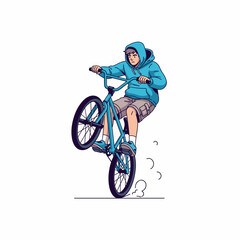Fototapeta premium 2D flat vector illustration of teenage character riding BMX bike performing wheelie on empty street, wearing hoodie and cargo shorts