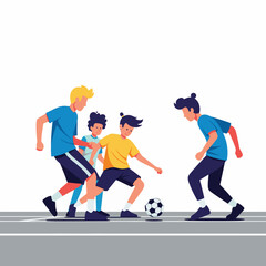 Obraz premium 2D flat vector illustration of teenage characters playing intense street soccer on concrete court, one dribbling, another defending, casual sporty streetwear