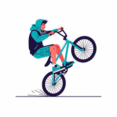 Fototapeta premium 2D flat vector illustration of teenage character riding BMX bike performing wheelie on empty street, wearing hoodie and cargo shorts
