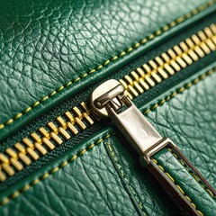 Detailed Close Up of Green Leather Texture with Golden Zipper.