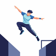 2D flat vector illustration of teenage character leaping across rooftops in urban street parkour style, arms stretched mid-air