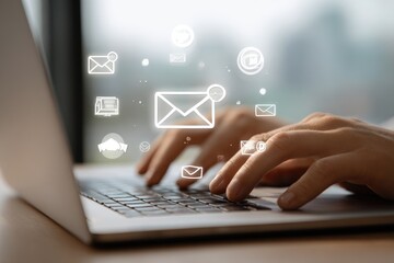 Close-up of hands typing on a laptop, email icons overlay