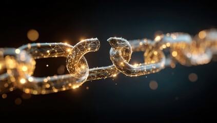 A broken chain link, glowing with interconnected golden points, suggesting a digital or abstract connection severed