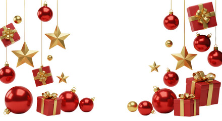 Christmas decorations hanging from transparent background with red balls and gold stars