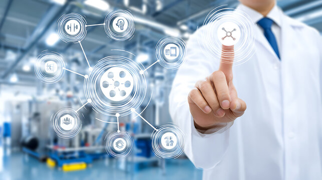 Scientist interacting with digital interface in laboratory setting