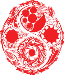 Red and white abstract background with circles and decorative design