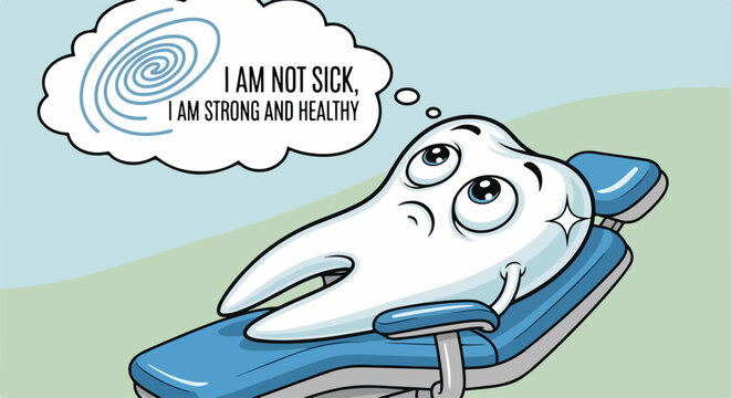 Cartoon tooth with anxiety resting in dental chair needing healthcare concept, illustration about health, dental care. Cartoon tooth is thinking, needs healthcare.