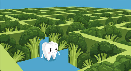 Dental health concept with annoyed tooth in broccoli maze. Dental health includes navigating vegetable labyrinth to maintain tooth vigor. Use this image for dental health awareness campaigns.