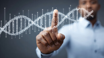 Person interacting with a digital DNA double helix composed of binary code
