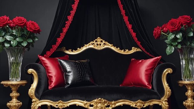 Luxury and Romance: A captivating close-up showcasing a luxurious, ornate settee adorned with plush red pillows and fresh roses, evoking a sense of opulence and romance in a richly appointed setting.
