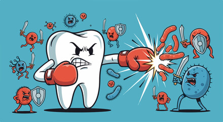 Dental health, a cartoon tooth battles against bacteria with boxing gloves and swords. Fighting infection, this dental health illustration showcases good oral hygiene and protection.