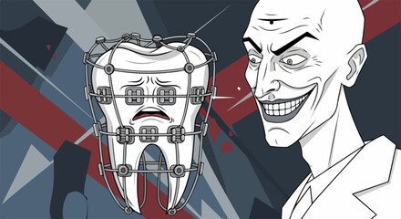 Cartoon portrays sinister dentist with sad tooth having dental braces. Creepy character observes tooth in metal frame for dental braces application.