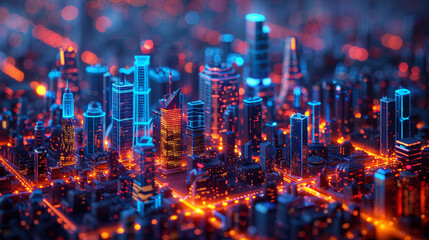 Futuristic city skyline, vibrant lights, night view, urban landscape